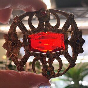 Vtg Amazing 30s Victorian Revival Red Faceted Glass Baguette Brooch Handmade Art